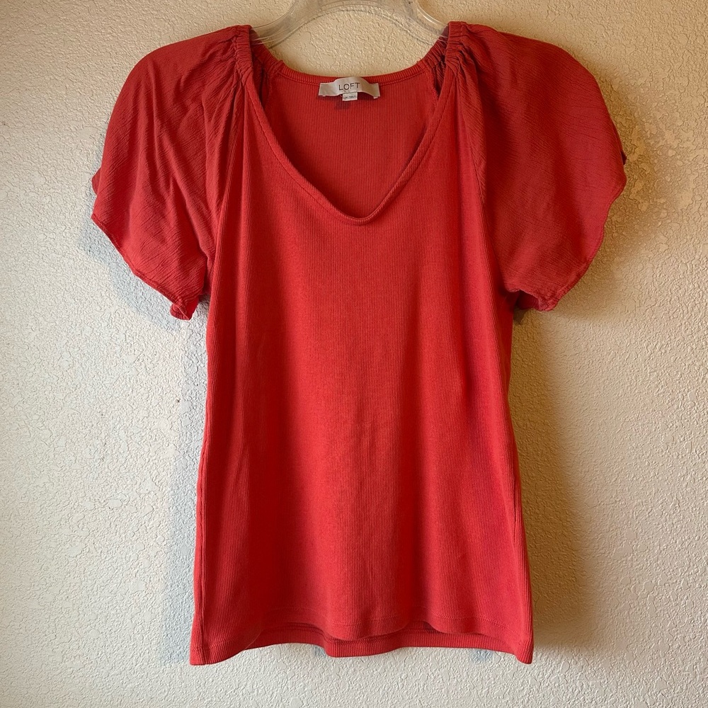 LOFT Ribbed Flutter Sleeve Mixed Media Top - Bright Paprika - Size M - Picture 2 of 6